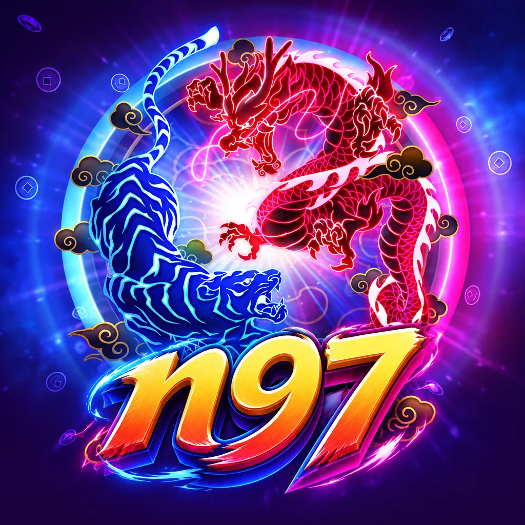 ภาพกราฟิกเกม Dragon Tiger Luck จาก n97 แสดงมังกรสีแดงและเสือสีน้ำเงินเรืองแสง
