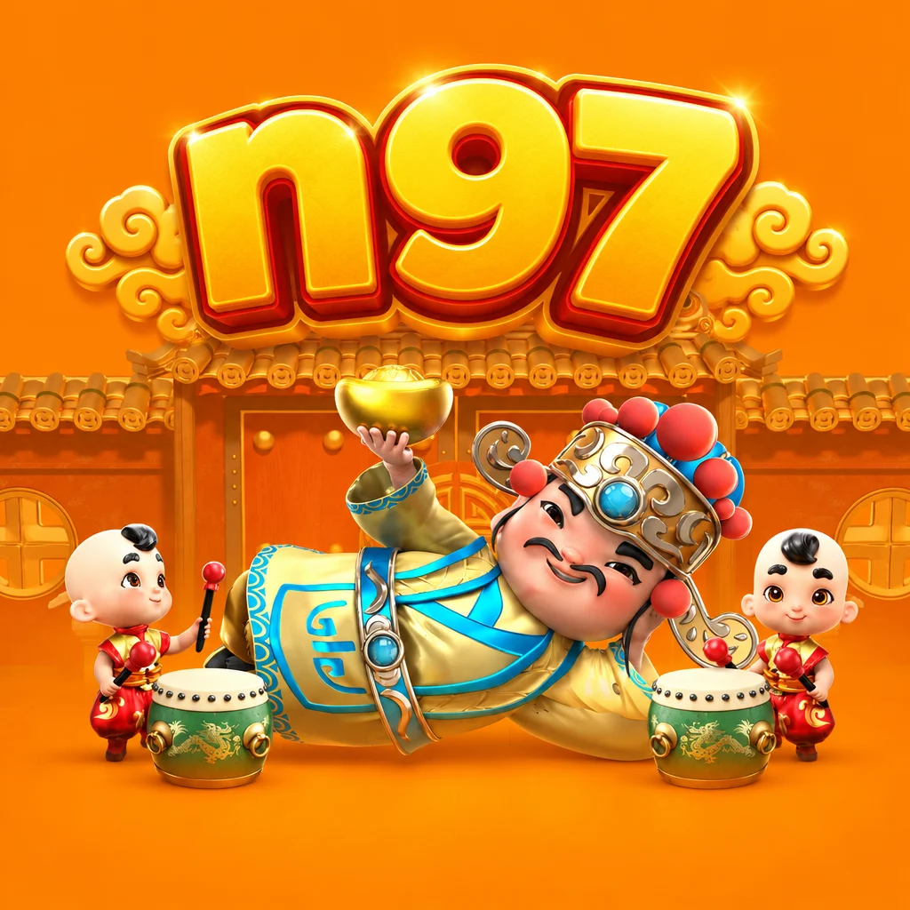 ภาพกราฟิกเกม Fortune Gods จาก n97 แสดงเทพเจ้าแห่งโชคลาภถือแท่งทองพร้อมเด็กตีกลอง